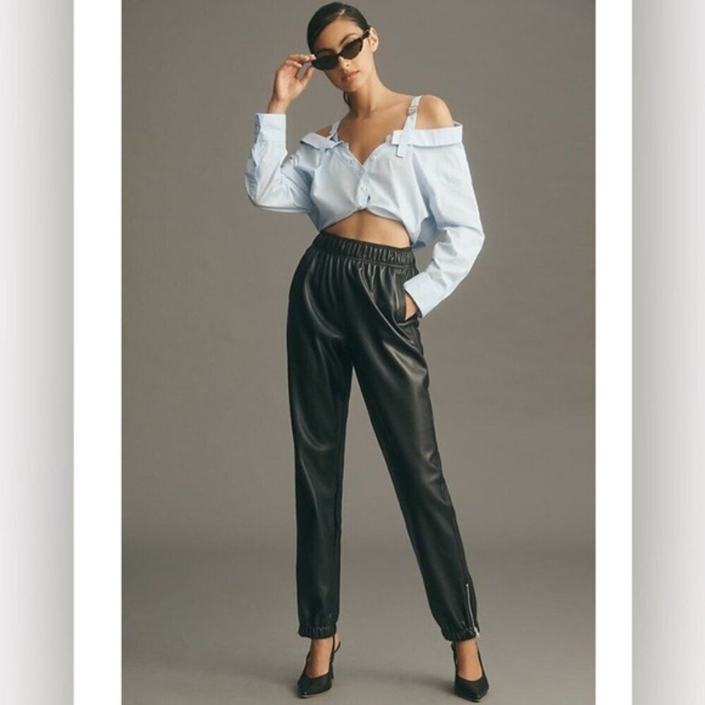 AVEC LES FILLES Anthropologie Women's Faux-Leather‎ Ankle-Zip Jogger Pants SMALL
